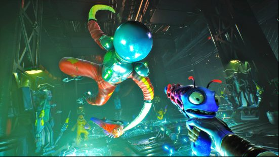 High on Life secret ending - Douglas is an alien in a spacesuit with tentacles leaping towards the player holding a blue gun with a face. Enemy aliens are being electrocuted in the background.