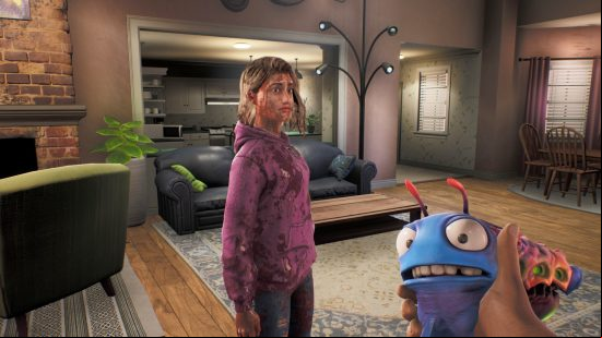 High on Life review: a girl covered in blood looks frightened while your gun pulls a grimacing face