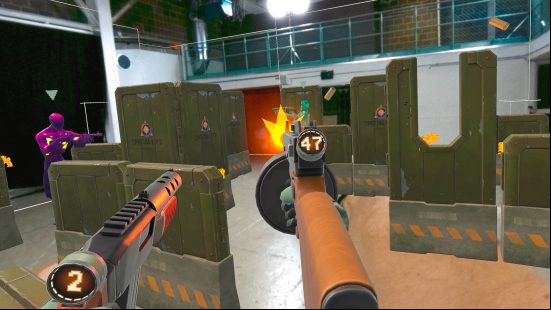 Spatial Ops on Meta Quest Pro, mid gunfight