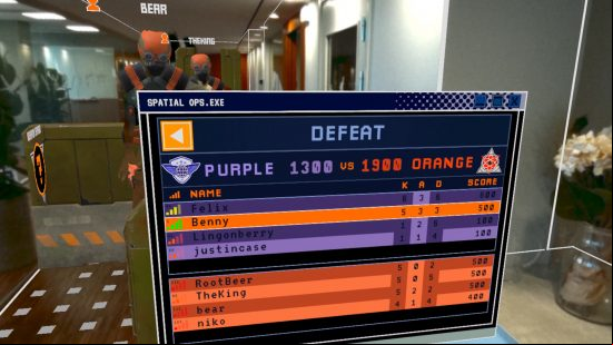 Spacial Ops on Meta Quest Pro scoreboard shows defeat