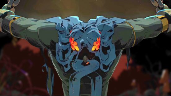 All Hades 2 gods explained - Kronos, Melinoe, Apollo, and more: a buff man with long white hair, chain on either side, in front of a bright and blurred background