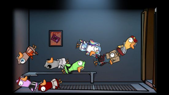 Best free Steam games - Goose, Goose, Duck: A team of multi-coloured geese and ducks float around in the lobby before a match.