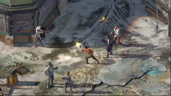 A shootout in the streets in Disco Elysium, one of the best offline games on PC