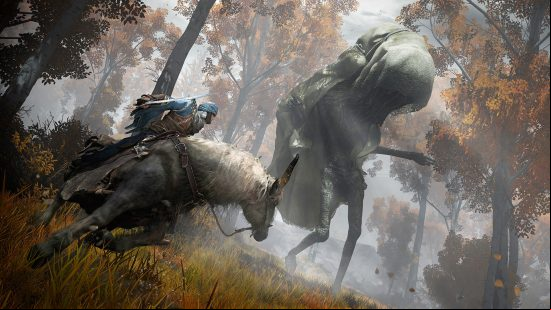 The best offline games: A man fighting a large shrouded figure in Elden Ring