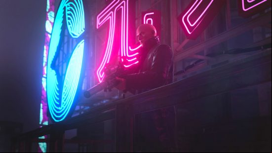 A man with a sniper rifle stands beneath a glowing neon sign in Hitman 3, one of the best online games