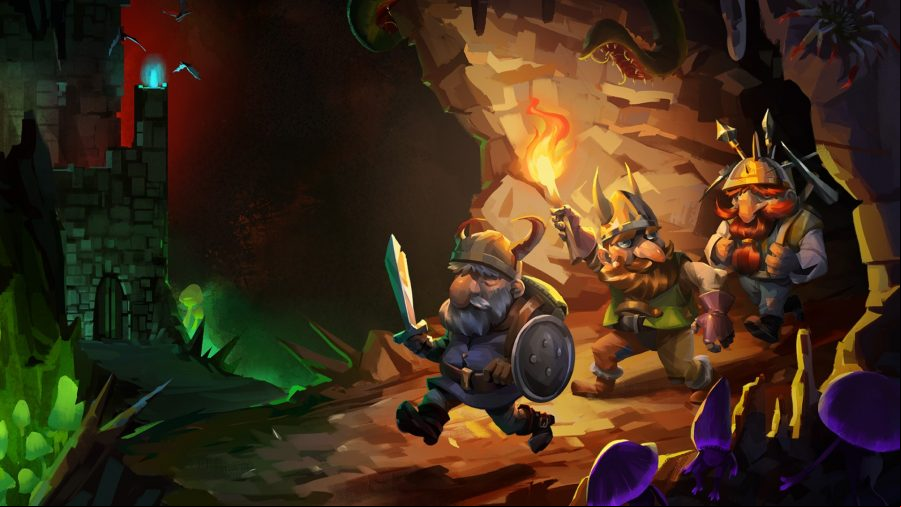 Dwarf Fortress Steam launch: a painting of three jovial dwarves adventuring into a spooky cave, with a dark fortress facade in the background