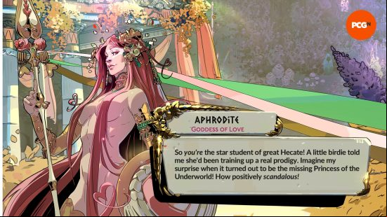 Aphrodite, one of the Hades 2 Gods, stands nude with long pink hair covering her body, and says, "So you're the star student of the great Hecate!"