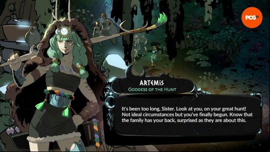 Artemis, the green-haired Goddess of the hunt, and one of the Hades 2 Gods, wears brown furs and holds a feathered pole across her shoulders.