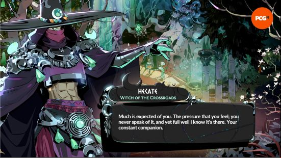 Hecate, one of the Hades 2 Gods, is a raven-haired beauty with a large-rimmed hat and a cropped top showing off their toned abs.