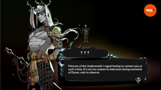 A grey-skinned Hades 2 God with white hair and horns, Lord Moros, stands tall and strong, and says, "I regret having to  you at this time."