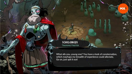 Schelemeus, one of the Hades 2 NPCs, is a wide-eyed character who helps you train.