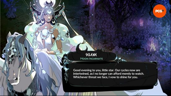 Selene is a beautiful woman in white and silver clothes, atop a white horse, is the Goddess of the Moon, and is one of the Hades 2 characters.