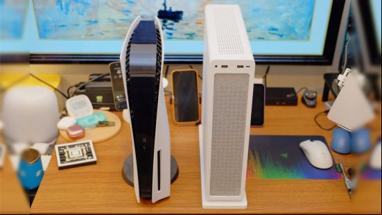 The mini RTX 3090 gaming PC stood next to a PS5 console for comparison. It stands just a little taller