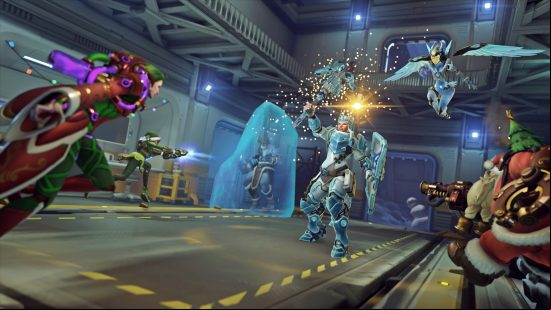 Brigitte faces off against Moira, Torbjorn, and Tracer as they attempt to freeze both her and her team during the Overwatch 2 Winter Wonderland event.