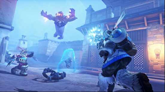 A Yeti Winston ambushes a group during the Yeti Hunt, an exclusive game mode in the Overwatch 2 Winter Wonderland event.