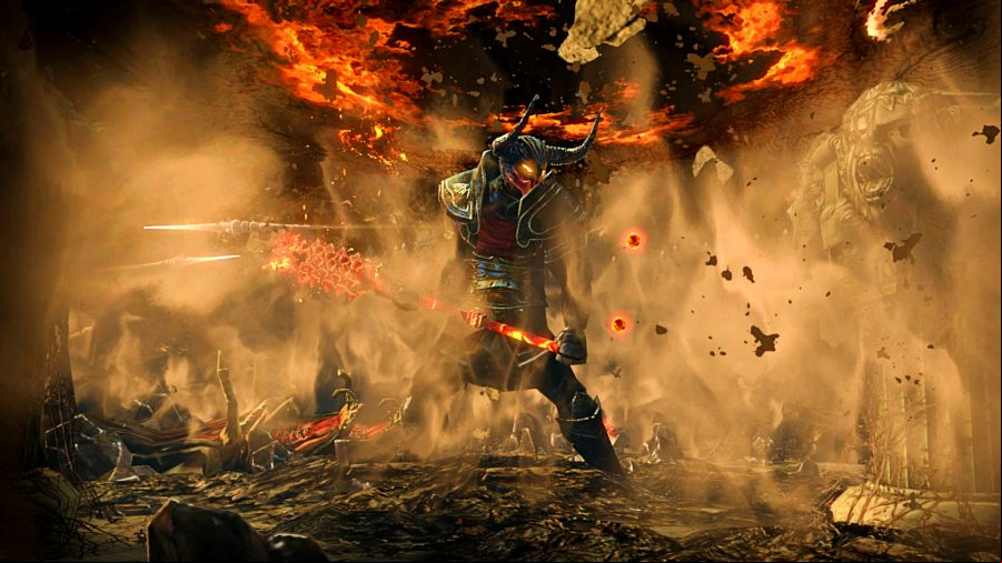 Path of Exile - a large, horned figure with a hefty two-handed mace stands among dust and fog