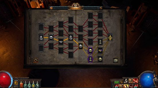 Path of Exile 3.20 - a map of The Forbidden Sanctum showing a player's progression through a network of rooms, with choices to be made about future vaults to enter