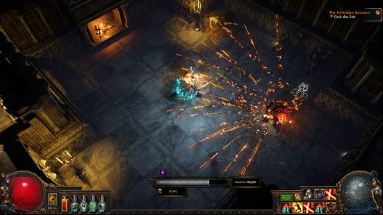 Path of Exile 3.20 - gameplay of The Forbidden Sanctum, with a character firing out a wide arc of flaming bolts and a grey 'resolve' meter shown towards the bottom of the screen