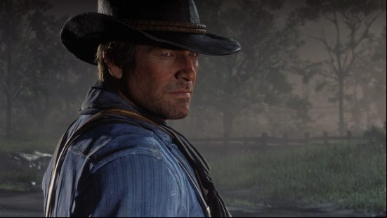 Games like Red Dead 2 struggle to tell stories – Die Hard proves why. A cowboy, Arthur Morgan, in a blue shirt and Stetson