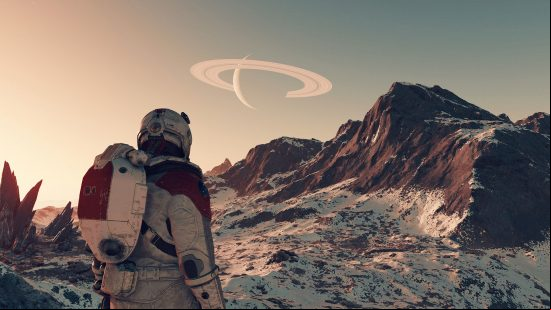 A Starfield space adventurer looks up at a distant mountain with a planet clearly in view.