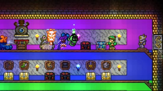Terraria Steam success 2022 - a multicoloured room filled with chests, where a Christmas-themed Zombie approaches the player