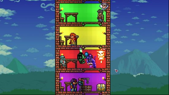Terraria Steam success 2022 - a tower of NPC helpers in various coloured rooms