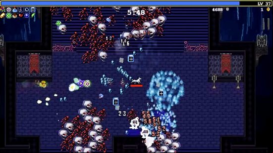 Vampire Survivors gameplay with hordes of enemies approaching the player