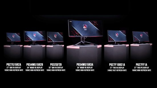 The six Asrock Phamtom gaming monitors showcased on pedestals side-by-side with specs listed underneath