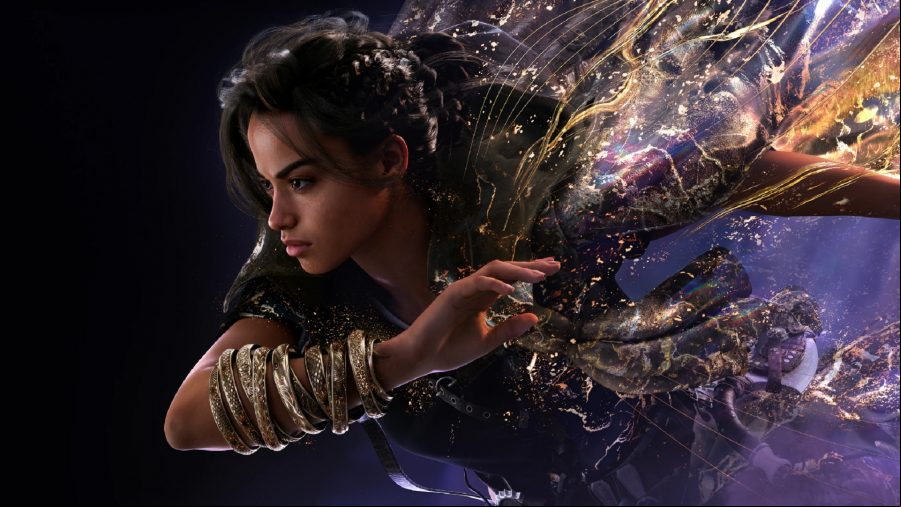 A woman with a golden bangle dashes from right to left