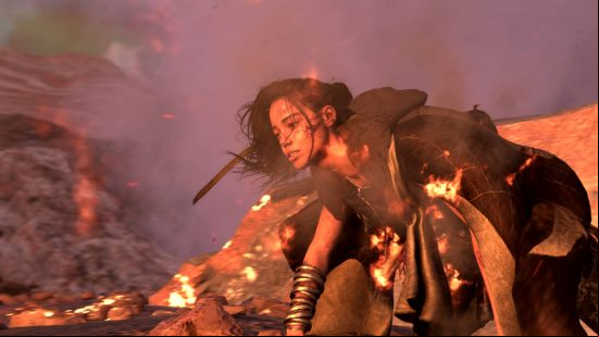 Forspoken builds - Frey is slightly on fire, as is the rest of her surroundings.