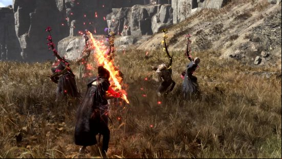 Forspoken builds - enemies are tied up in vines as Frey is about to slash at them with a fiery sword.