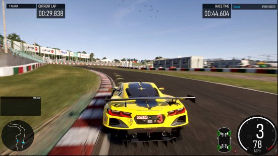Forza Motorsport 8 release date - a yellow sports car with a spoiler on the back drifting across a track at 78 miles per hour.