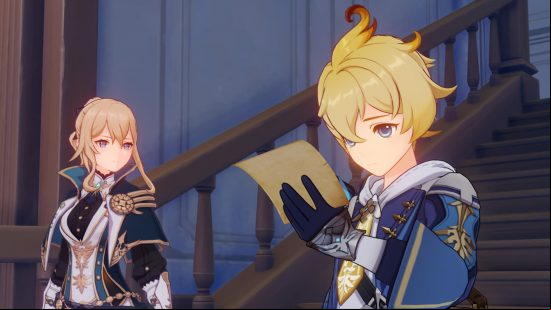 Genshin Impact 3.5 introduces its own version of Pac-Man in new event: anime boy looking at a piece of paper next to a woman