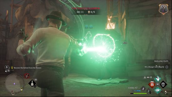 Hogwarts Legacy spells - the player is casting Avada Kedavra during a Dark Arts arena trial.