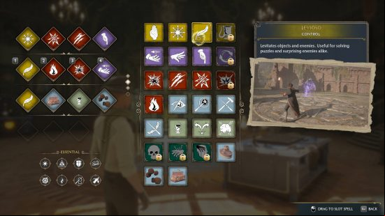 Hogwarts Legacy spells list - most of the spells in the list have been unlocked with the exception of Transform, Flippendo, Bombarda, and the Unforgiveable Curses.