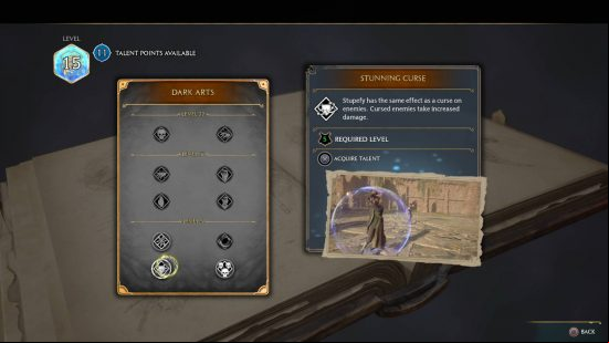 Hogwarts Legacy talents - the Dark Arts section is shown, with the Stunning Curse talent highlighted.