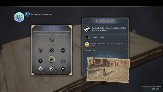 Hogwarts Legacy talents - all of the spells talents in one page. The Depulso Mastery talent is highlighted but requires the player to unlock the spell first.