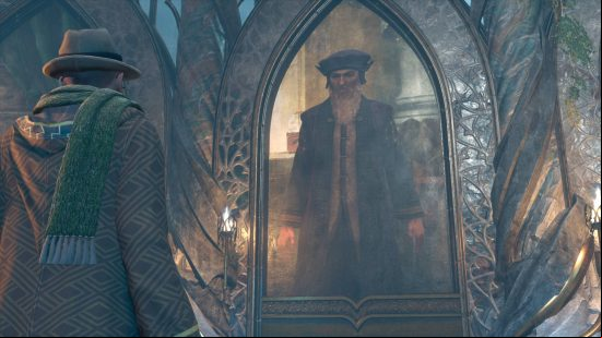 Hogwarts Legacy talents - a wizard is standing next to a painting of an elderly wizard.
