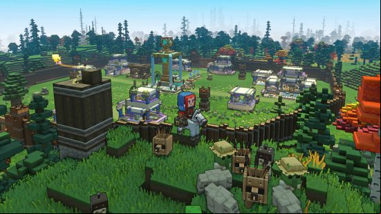 Minecraft Legends release date - a player is tending to some scarecrows with zombie villagers while standing just outside their base.