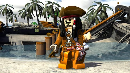 Best Pirate games: a Lego version of Captain Jack Sparrow, standing next to a sunken ship in Lego Pirates of the Caribbean.