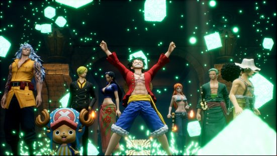 Best pirate games: Monkey D Luffy and the Straw Hat pirates celebrate winning a battle in JRPG strategy game One Piece Odyssey