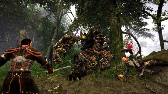 Best Pirate games: a party member has just taken a tumble in Risen 3: Titan Lords because of a punch from a tree monster. Another pirate has his sword drawn.