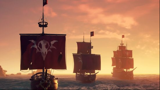 Best Pirate games: Three ships sailing into the sunset in Sea of Thieves.