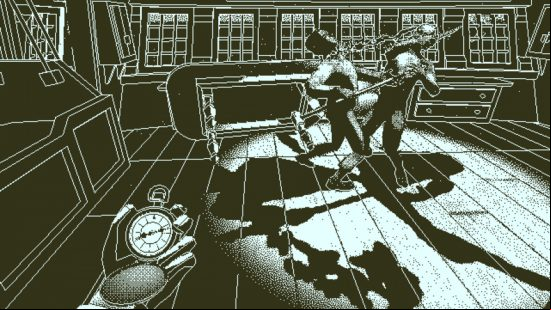 Best puzzle games - Return of the Obra Dinn: The player holding a com and watching a memory happen