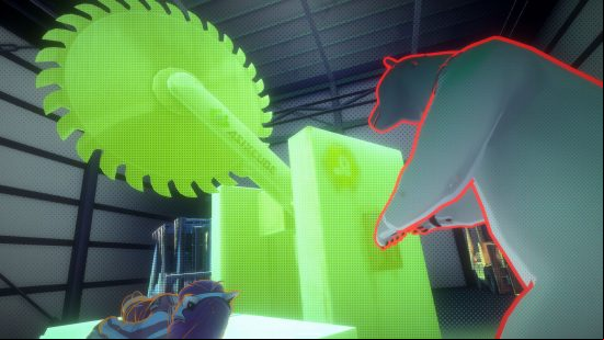 Best visual noevls: AI The Somnium Files - A large polar bear stands by a neon green circular saw, which appears to be hovering dangerously above another character.
