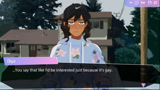 Best visual novels: Butterfly Soup - A dark-haired character called Diya, wearing a blue floral hoodie, above the dialogue "You say that like I'd be interested just because it's gay."