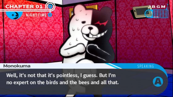 Best visual novels: A black and white bear in Danganropa - Trigger Happy Havoc says "Well, it's not that it's pointless, I guess. But I'm no expert on the birds and the bees and all that."