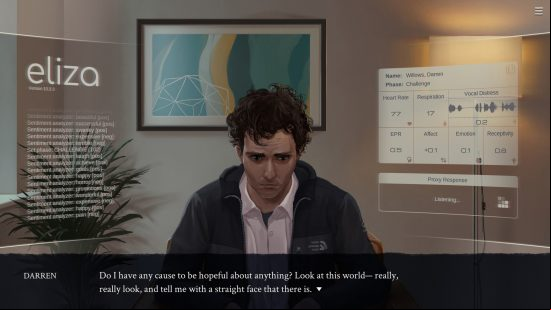 Best visual novels: Eliza - An image shows the game's realistic looking artwork, as a character called Darren says "Do I have any cause to be hopeful about anything