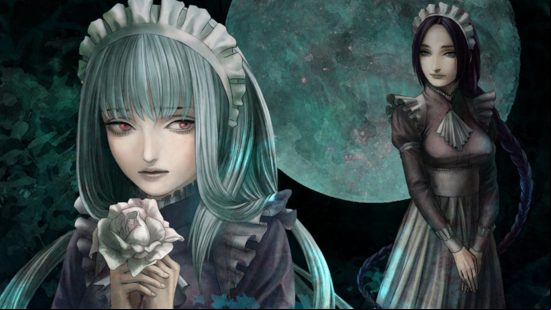 Best visual novels: The House in Fata Morgana - a blue-haired girl looks sad as she holds a white rose, while another, dark-haired lady looks at her from the back of the image. Both are standing in front of a large, looming moon.