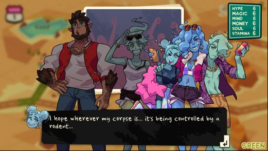 Best visual novels: Monster Prom 3 - Road Trip, five colourful, comic book style characters pose, while one says "I hope wherever my corpse is, it's being controlled by a rodent."